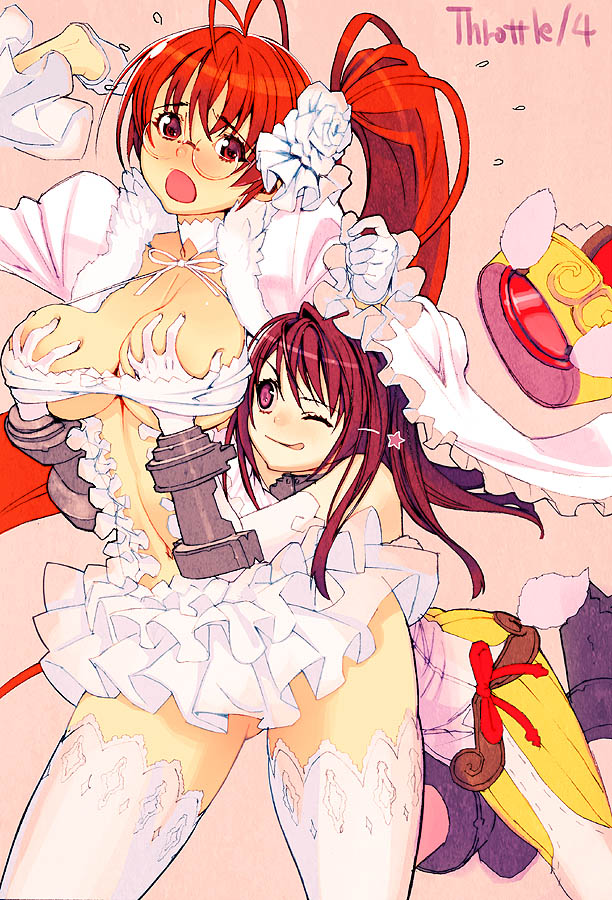 sanbasou, original, lace-trimmed legwear, 2girls, blush, breasts, dress, frills, glasses, gloves, grabbing another's breast, groping, lace, lace trim, large breasts, legs, long hair, multiple girls, one eye closed, open mouth, pink eyes, ponytail, purple eyes, red eyes, red hair, ribbon, side ponytail, star (symbol), thick thighs, thighhighs, thighs, white thighhighs, wink