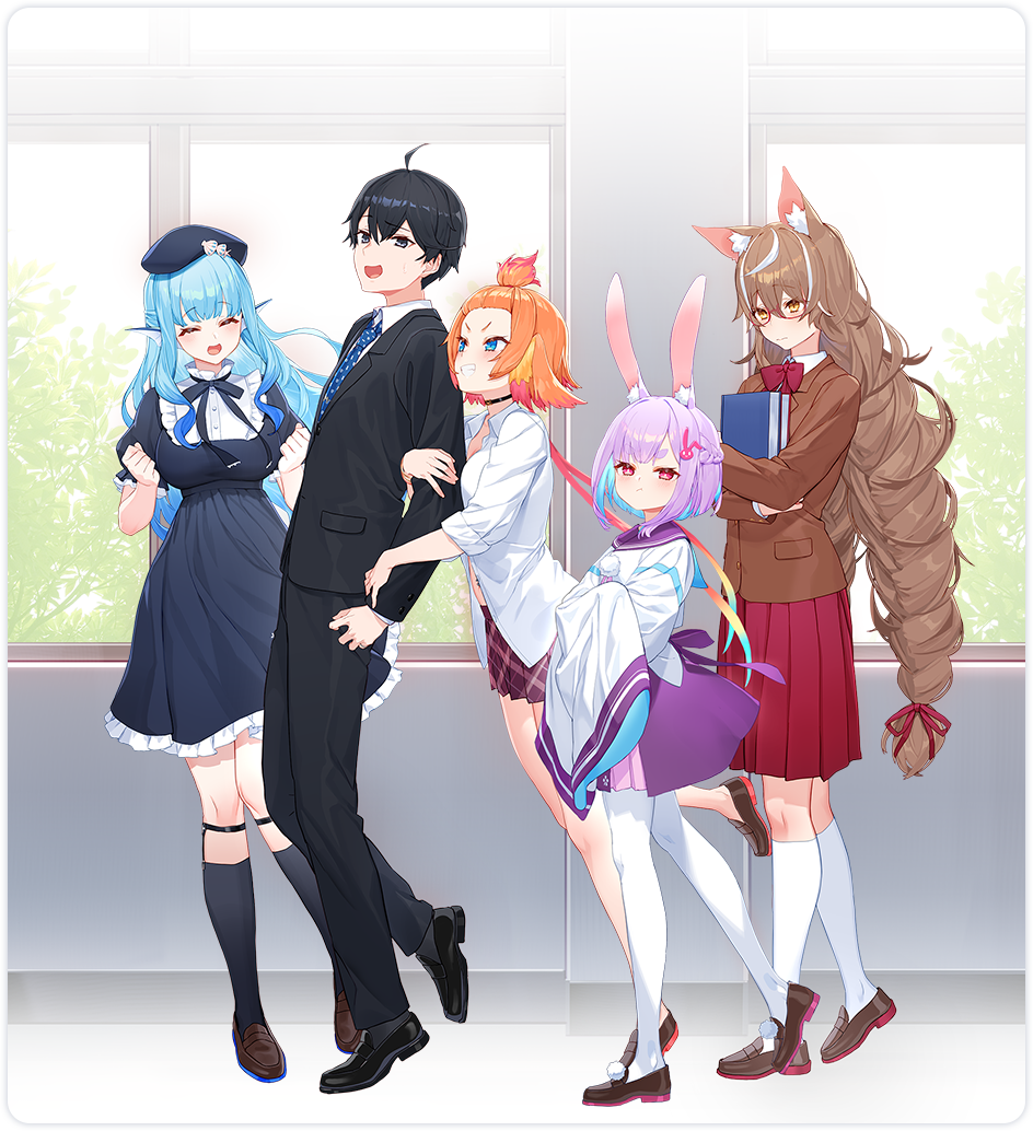 izumi sai, official art, 1boy, 4girls, :d, ^ ^, ahoge, animal ears, aqua eyes, arm hug, beret, black choker, black hair, black jacket, black pants, black shoes, black socks, black suit, blazer, blue dress, blue eyes, blue hair, blue hat, blue necktie, blue ribbon, blush, bob cut, book, bow, bowtie, braid, breasts, brown jacket, brown shoes, choker, clenched hands, closed eyes, closed mouth, collared dress, collared shirt, crossed bangs, crown braid, dog ears, dog girl, dress, dress shoes, flat chest, formal clothes, from side, full body, glasses, grey socks, grey suit, hair between eyes, hair ornament, hallway, hands up, haneda tobari, hat, hitoma rei, holding, holding book, indoors, jacket, jingai kyoshitsu no ningen girai kyoshi, large breasts, loafers, long hair, long sidelocks, long sleeves, looking at viewer, low twin braids, minazuki kyoka, multicolored hair, multiple girls, necktie, ohgami isaki, open mouth, orange hair, pants, pink eyes, pink hair, plaid clothes, plaid skirt, pleated skirt, puffy short sleeves, puffy sleeves, purple sailor collar, purple skirt, rabbit ears, rabbit girl, rectangular eyewear, red-framed eyewear, red bow, red hair, red ribbon, red skirt, ribbon, sailor collar, school uniform, semi-rimless eyewear, shirt, shoes, short eyebrows, short hair, short sleeves, sidelocks, skirt, sleeves past wrists, sleeves pushed up, smile, socks, standing, suit, suit jacket, tented shirt, thick eyebrows, thighhighs, thighs, tree, twin braids, two-tone hair, under-rim eyewear, usami sui, v-shaped eyebrows, very long hair, wavy hair, white shirt, white socks, white thighhighs, wide sleeves, window