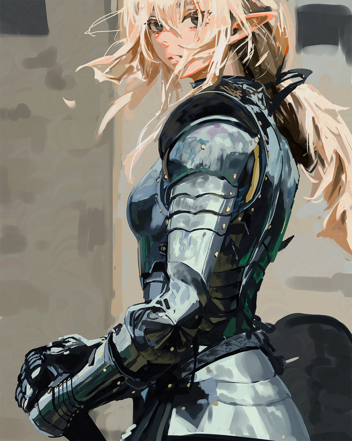 pluvium grandis, original, highres, 1girl, armor, blonde hair, breastplate, brown eyes, couter, elf, from behind, full armor, gloves, holding, knight, long hair, looking at viewer, looking back, low ponytail, messy hair, open mouth, outdoors, pauldrons, pointy ears, ponytail, shoulder armor, solo, spiked couter, sword, weapon