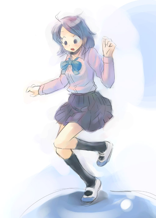 ikeda jun (mizutamari), original, 1girl, ahoge, black eyes, black hair, black skirt, black socks, blue bow, blue bowtie, blush, bow, bowtie, female focus, full body, kneehighs, leg up, long sleeves, looking down, open mouth, pink shirt, pleated skirt, puddle, school uniform, serafuku, shirt, shoes, short hair, simple background, skirt, socks, solo, standing, standing on one leg, tareme, uwabaki, water, white background, white shoes