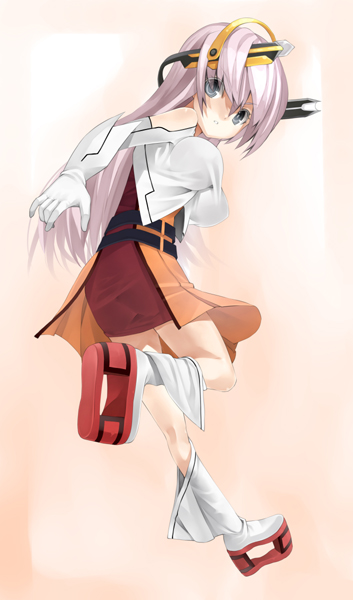 murata taichi, original, platform footwear, 1girl, bare shoulders, blue eyes, boots, dress, elbow gloves, female focus, gloves, headgear, pink hair, platform boots, running, short dress, simple background, solo