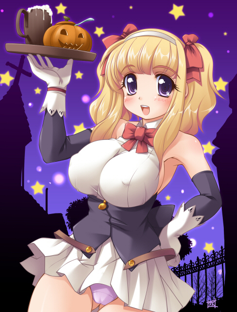 kougasha, original, 1girl, blonde hair, breasts, covered erect nipples, elbow gloves, female focus, gloves, halloween, large breasts, outdoors, panties, pantyshot, purple eyes, sky, solo, underwear, waitress