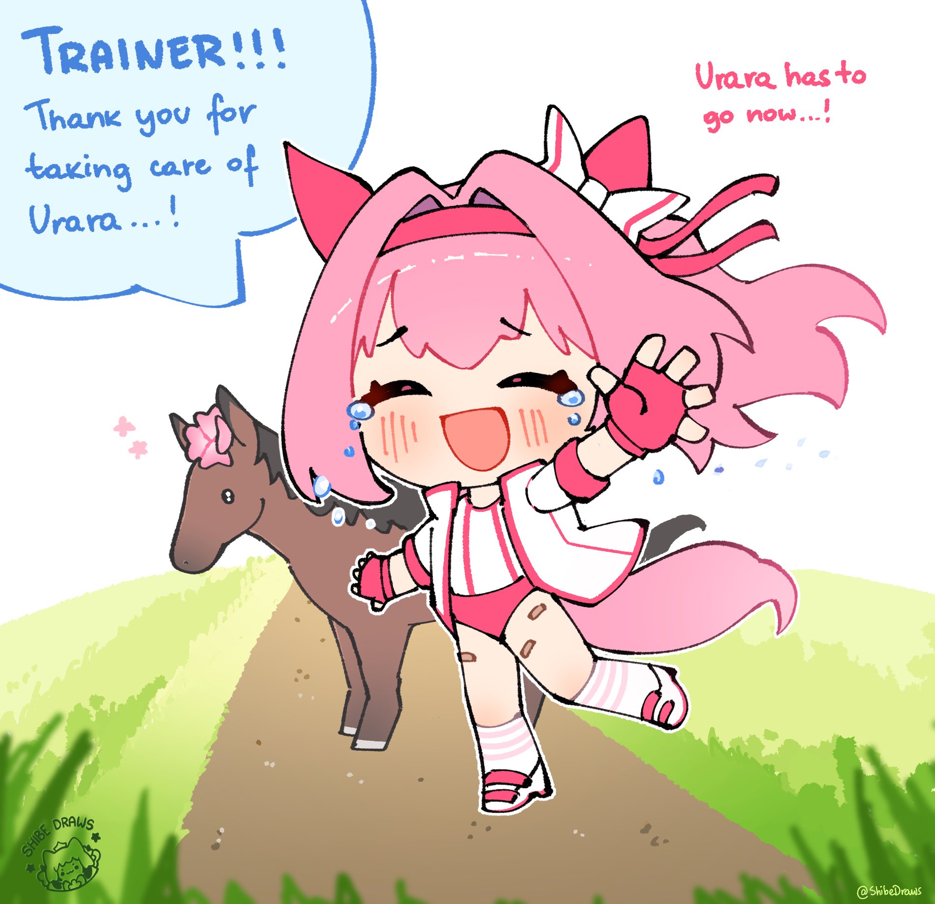 shibedraws, haru urara (racehorse), haru urara (umamusume), real life, umamusume, commentary, english commentary, highres, 1girl, animal ears, bandaid, bandaid on leg, blush, bow, buruma, closed eyes, creature and personification, crying, dirt, ear bow, ear covers, english text, facing viewer, field, fingerless gloves, flower, gloves, grass, hairband, haru urara (bestest prize) (umamusume), headband, horse, horse ears, horse girl, horse tail, jacket, long hair, open mouth, personification, pink buruma, pink hair, pink headband, ponytail, red buruma, red gloves, red headband, shirt, shoes, smile, socks, speech bubble, striped clothes, striped socks, tail, tears, waving, white jacket, white shirt, white socks