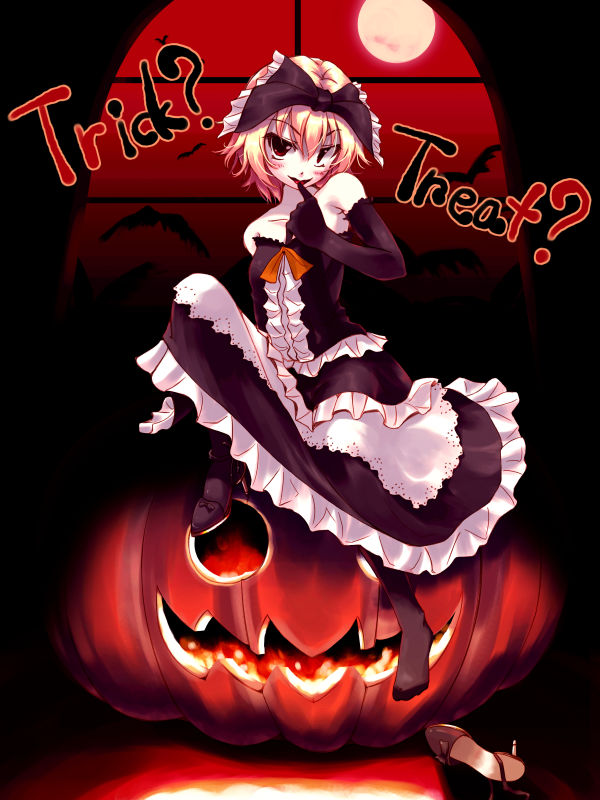 tamaki fuyu, original, 1girl, bare shoulders, black pantyhose, blonde hair, bow, dress, elbow gloves, female focus, frills, gloves, goth fashion, hair bow, halloween, jack-o'-lantern, naughty face, pantyhose, pumpkin, red eyes, shoes, short hair, single shoe, smile, solo, trick or treat