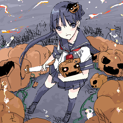 aka ume, original, lowres, 1girl, female focus, food-themed hair ornament, hair ornament, halloween, jack-o'-lantern, knife, oekaki, ponytail, pumpkin, pumpkin hair ornament, school uniform, serafuku, solo, thighhighs, zettai ryouiki