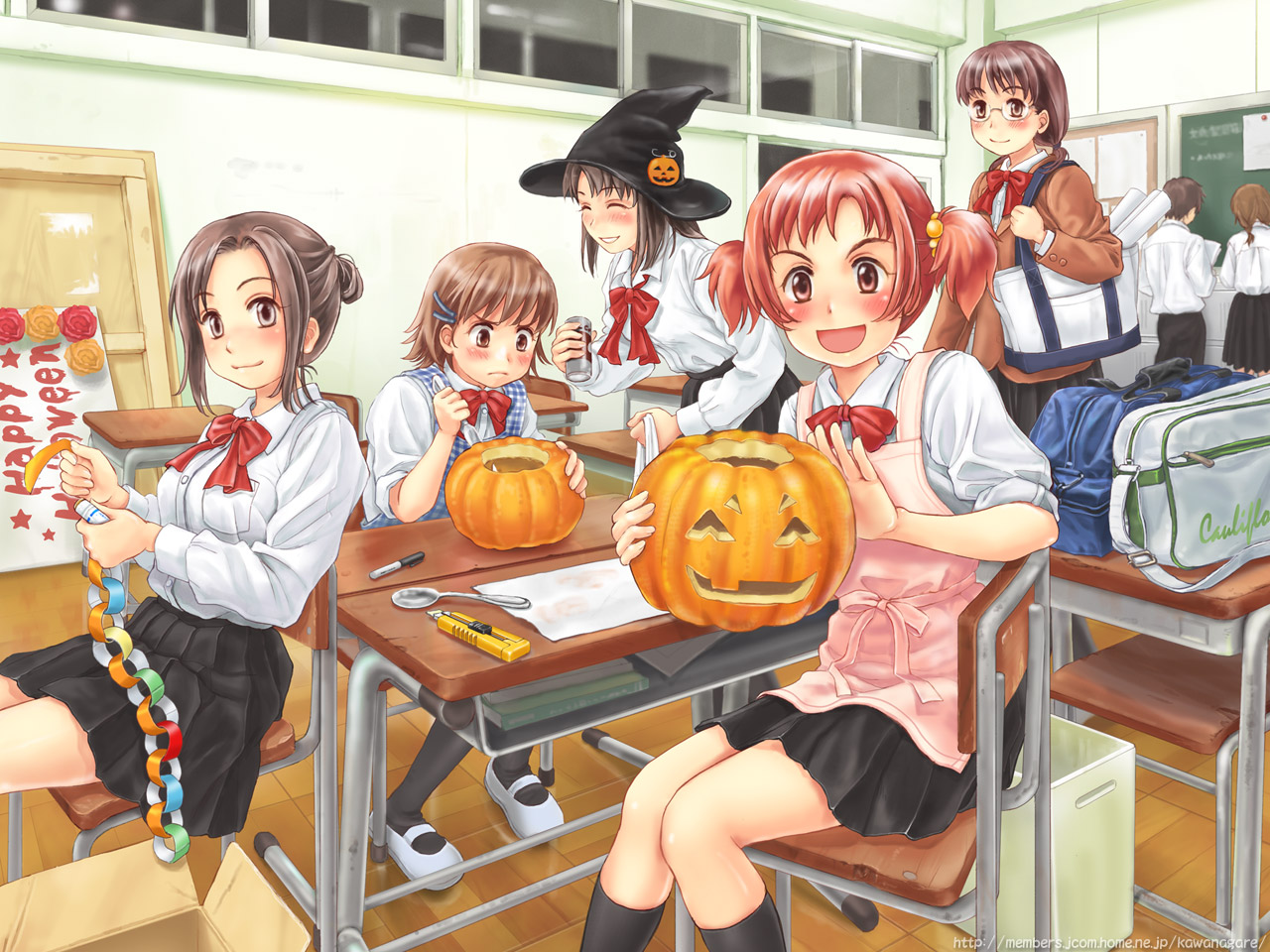 simon (kappa no kawanagare), original, 1boy, 6+girls, apron, bag, blush, book, box, boxcutter, brown eyes, brown hair, buttoned cuffs, buttons, can, cardboard box, chair, chalkboard, classroom, closed eyes, desk, focused, glasses, grin, hair ornament, hairclip, halloween, happy halloween, hat, holding, holding bag, holding can, jack-o'-lantern, leaning forward, low twintails, multiple girls, on chair, pen, pleated skirt, pumpkin, red hair, safety pin, school, school desk, school uniform, serafuku, short hair, short twintails, shoulder bag, sitting, skirt, slice of life, sliding doors, smile, spoon, twintails, unworn bag, witch hat