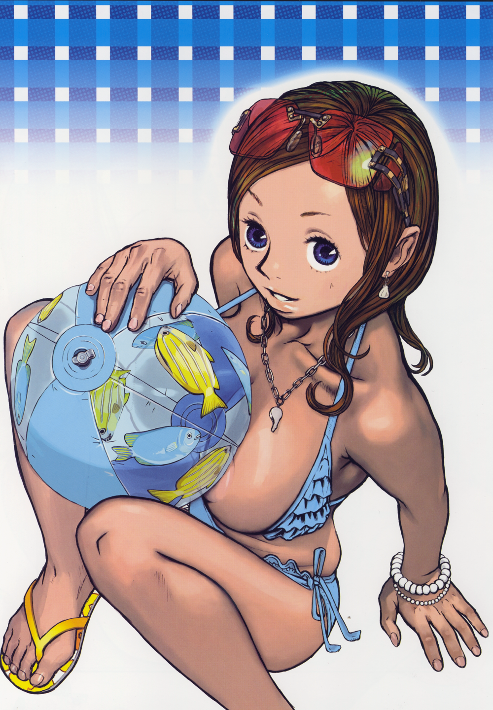yasuda akira, highres, 1girl, bikini, breasts, feet, female focus, flip-flops, large breasts, nipples, sandals, solo, sunglasses, swimsuit