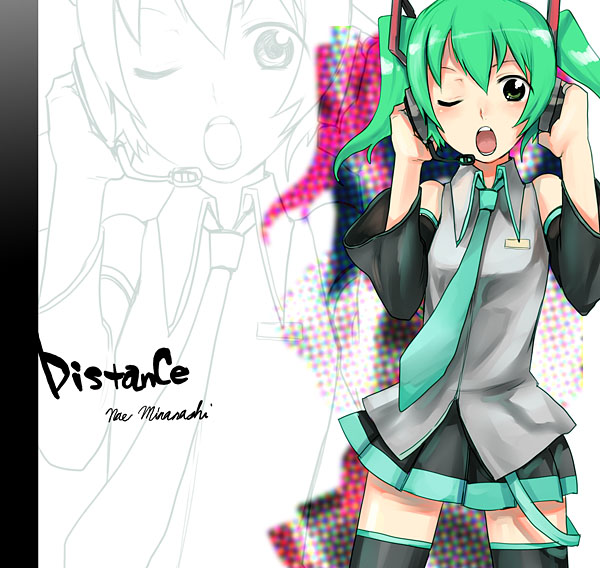 sanae (satansanae), hatsune miku, vocaloid, tagme, black thighhighs, cosplay, hands on headphones, hatsune miku (cosplay), headphones, solo, thighhighs