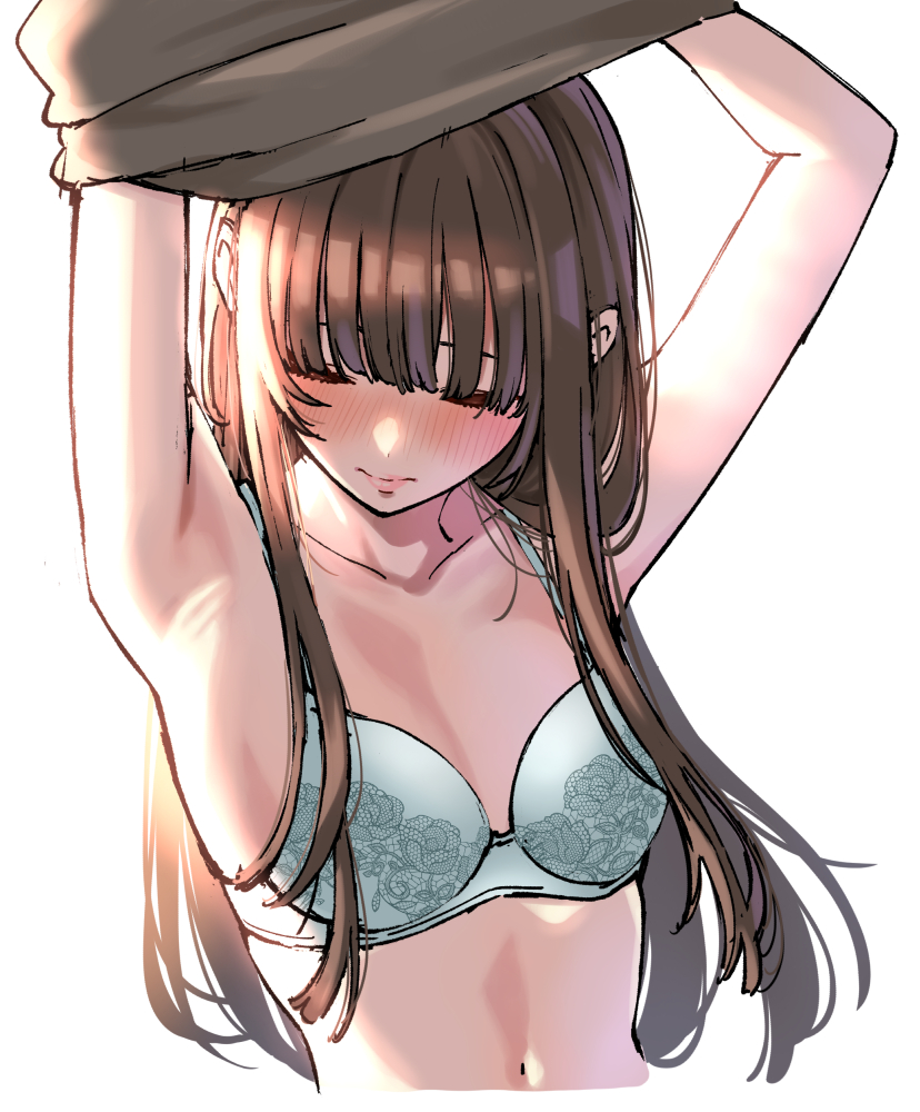 shouji nigou, kamizaki risa, amagami, commentary request, 1girl, armpits, arms up, blue bra, blunt bangs, blush, bra, breasts, brown hair, closed eyes, closed mouth, collarbone, long hair, navel, simple background, small breasts, solo, underwear, undressing, upper body, white background