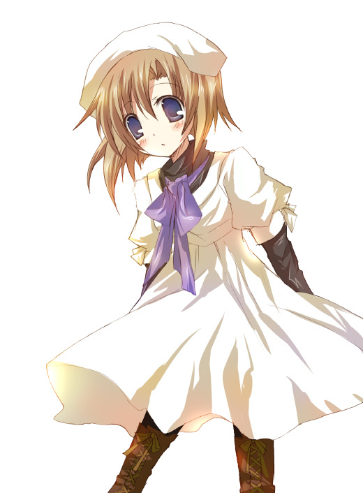 suzushiro kurumi, ryuuguu rena, higurashi no naku koro ni, 00s, 1girl, beret, blue eyes, blush, boots, brown hair, dress, expressionless, female focus, hat, neck ribbon, ribbon, short hair, simple background, solo, standing, thighhighs, turtleneck