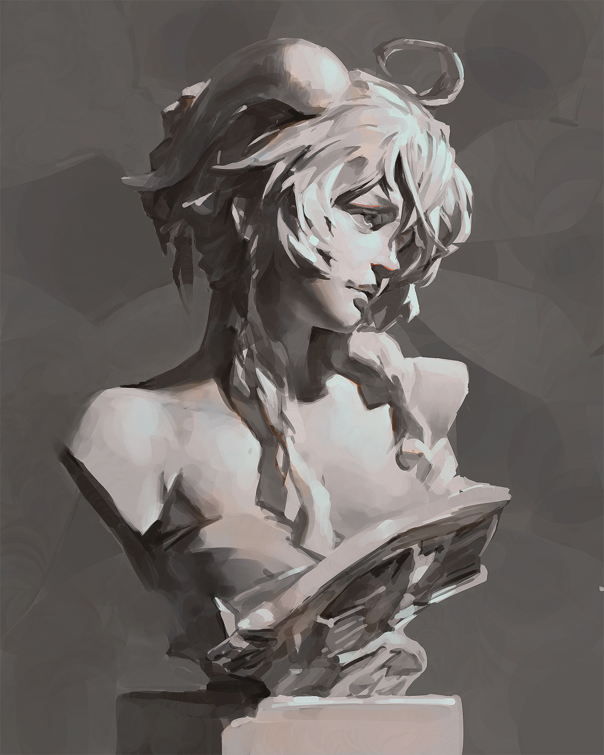 pluvium grandis, ganyu (genshin impact), genshin impact, highres, 1girl, ahoge, bare shoulders, breasts, goat horns, grey background, horns, lips, looking to the side, marble (stone), messy hair, no humans, object focus, parted lips, short hair, sidelocks, smile, solo, statue, upper body