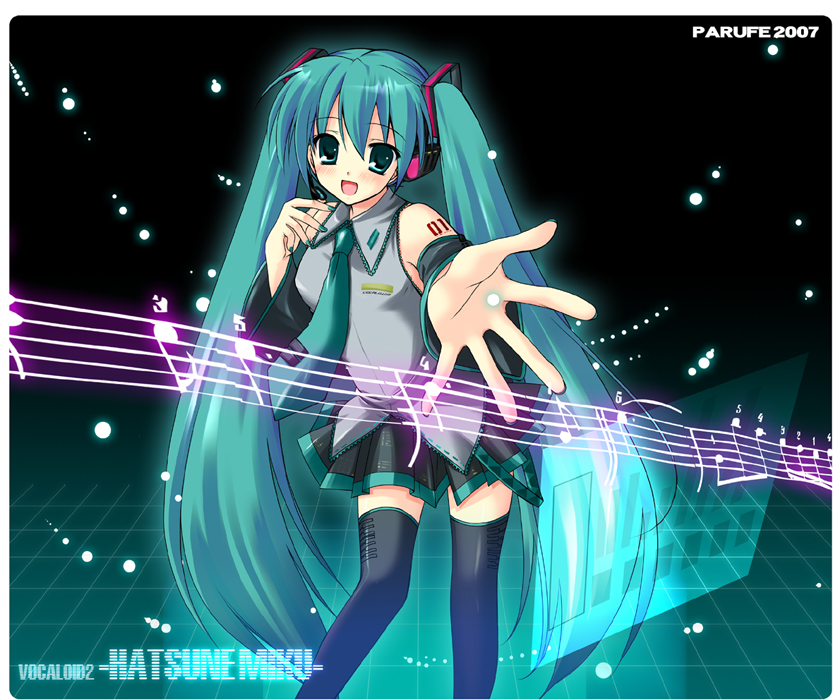 hayashi sakura, hatsune miku, vocaloid, 1girl, aqua hair, black background, black thighhighs, female focus, foreshortening, long hair, music, musical note, musical staff, outstretched arm, outstretched hand, quaver, singing, solo, thighhighs, twintails, very long hair