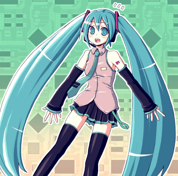 kimarin, hatsune miku, vocaloid, 1girl, aqua hair, aqua necktie, black thighhighs, detached sleeves, female focus, long hair, necktie, solo, thighhighs, twintails, very long hair