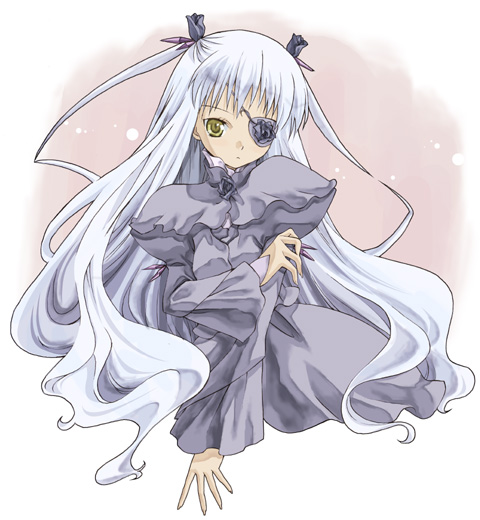 takano natsuki, barasuishou, rozen maiden, silver hair, 00s, 1girl, black dress, closed mouth, dress, expressionless, female focus, flower eyepatch, full body, juliet sleeves, long hair, long sleeves, puffy long sleeves, puffy sleeves, sitting, solo, very long hair, yellow eyes, yokozuwari