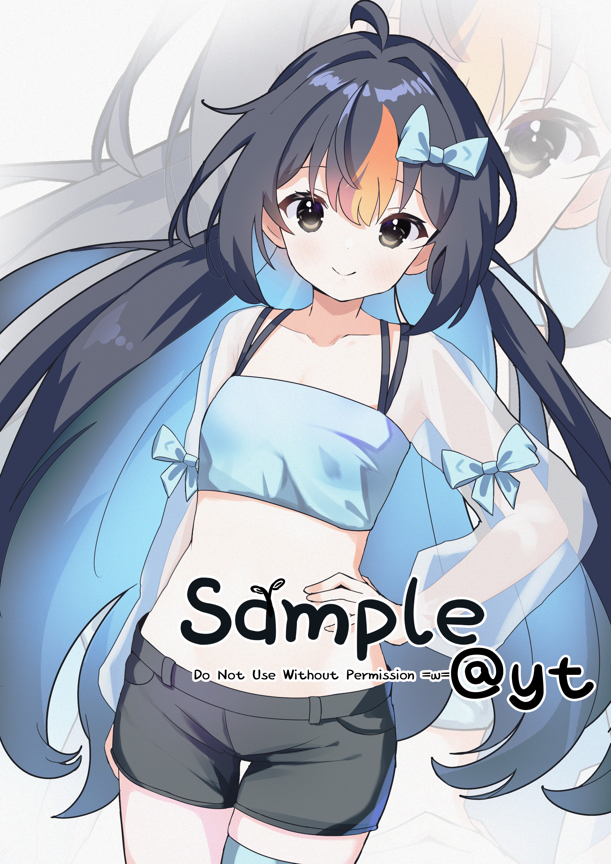 yunduan tianshang de long yt, original, absurdres, highres, 1girl, black eyes, black hair, black shorts, blue bow, blue hair, blue shirt, bow, camisole, collarbone, crop top, hair bow, hand on own hip, long hair, long sleeves, looking at viewer, midriff, multicolored hair, navel, orange hair, sample watermark, see-through clothes, see-through sleeves, shirt, shorts, smile, solo, very long hair, virtual youtuber, watermark, zoom layer