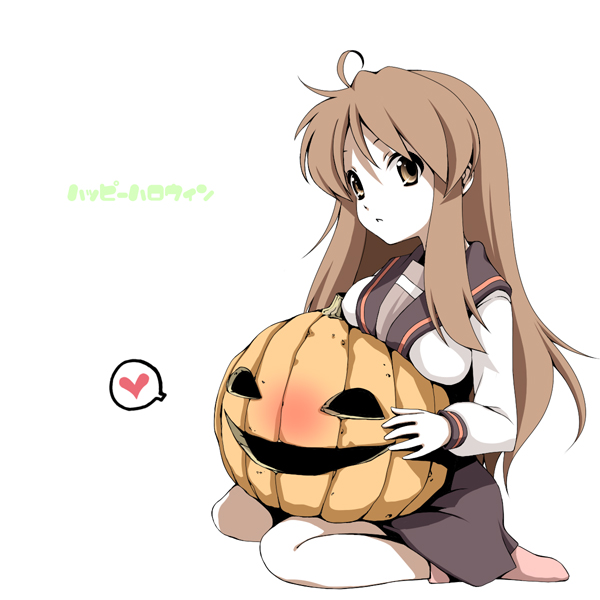 maskman, asahina mikuru, suzumiya haruhi no yuuutsu, translated, 00s, 1girl, breast rest, breasts, brown eyes, brown hair, female focus, goth fashion, halloween, happy halloween, jack-o'-lantern, pumpkin, school uniform, serafuku, solo, white background