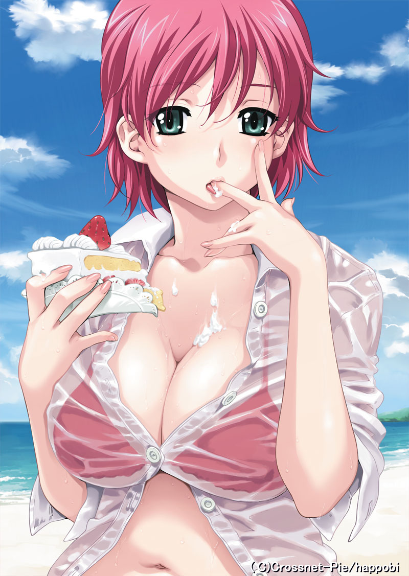 happoubi jin, iihara nao, resort boin, 00s, 1girl, bikini, bikini top only, bikini under clothes, breasts, cake, cleavage, collarbone, cream, doily, female focus, fingernails, food, fruit, green eyes, large breasts, licking, licking finger, lips, navel, pastry, pink hair, shirt, short hair, sleeves pushed up, solo, strawberry, sweat, swimsuit, swimsuit under clothes, tongue, unbuttoned, upper body, wet, wet clothes