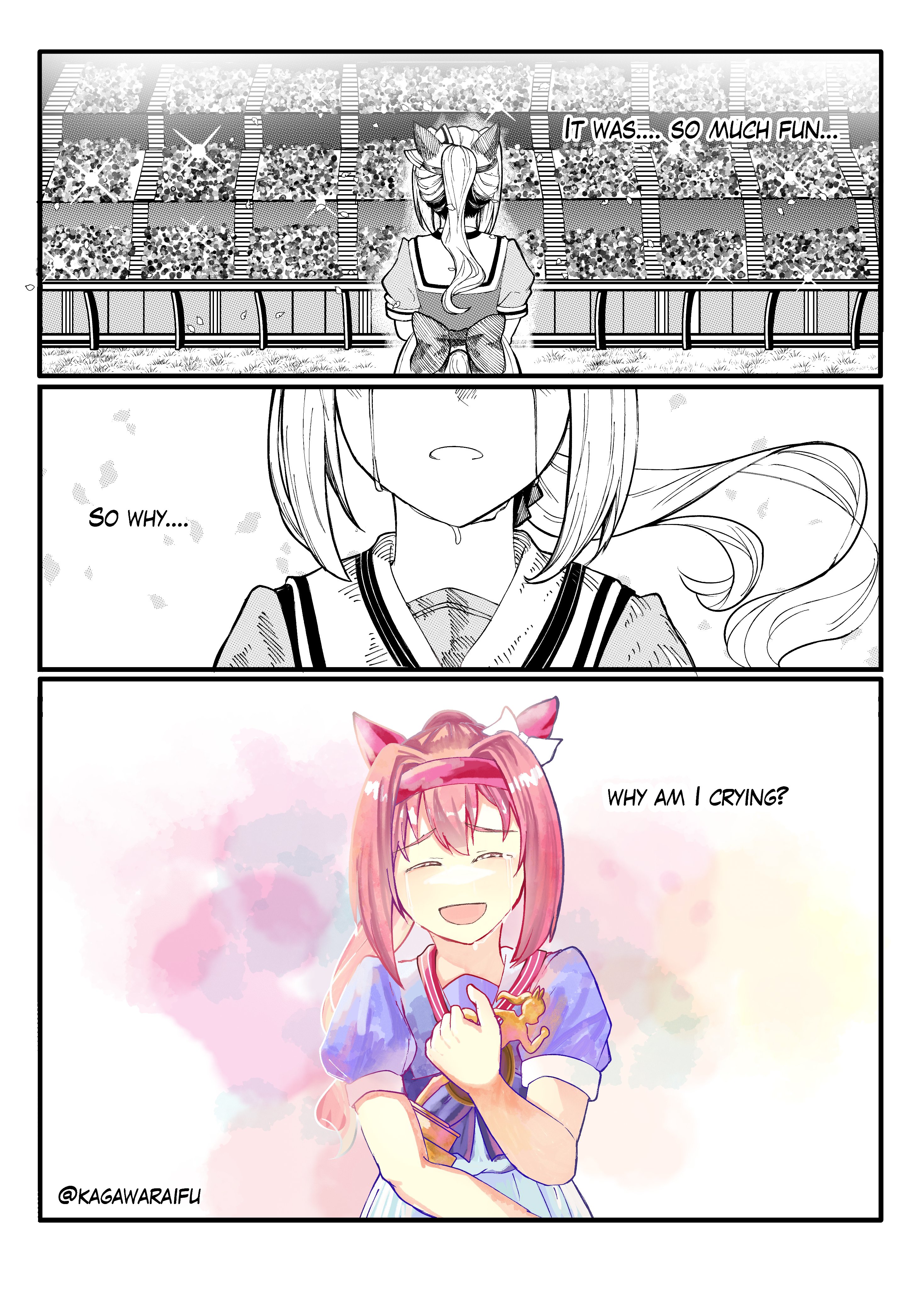kagawaraifu, haru urara (umamusume), umamusume, absurdres, commentary, english commentary, highres, 1girl, animal ears, blush, bow, crowd, crying, ear bow, ear covers, ear ornament, english text, hairband, headband, holding, holding trophy, horse ears, horse girl, horse tail, long hair, open mouth, pink hair, pink headband, ponytail, puffy short sleeves, puffy sleeves, purple bow, purple serafuku, purple shirt, red headband, sailor collar, sailor shirt, school uniform, serafuku, shirt, short sleeves, skirt, smile, solo focus, tail, tears, tracen school uniform, trophy, white bow, white sailor collar, white skirt