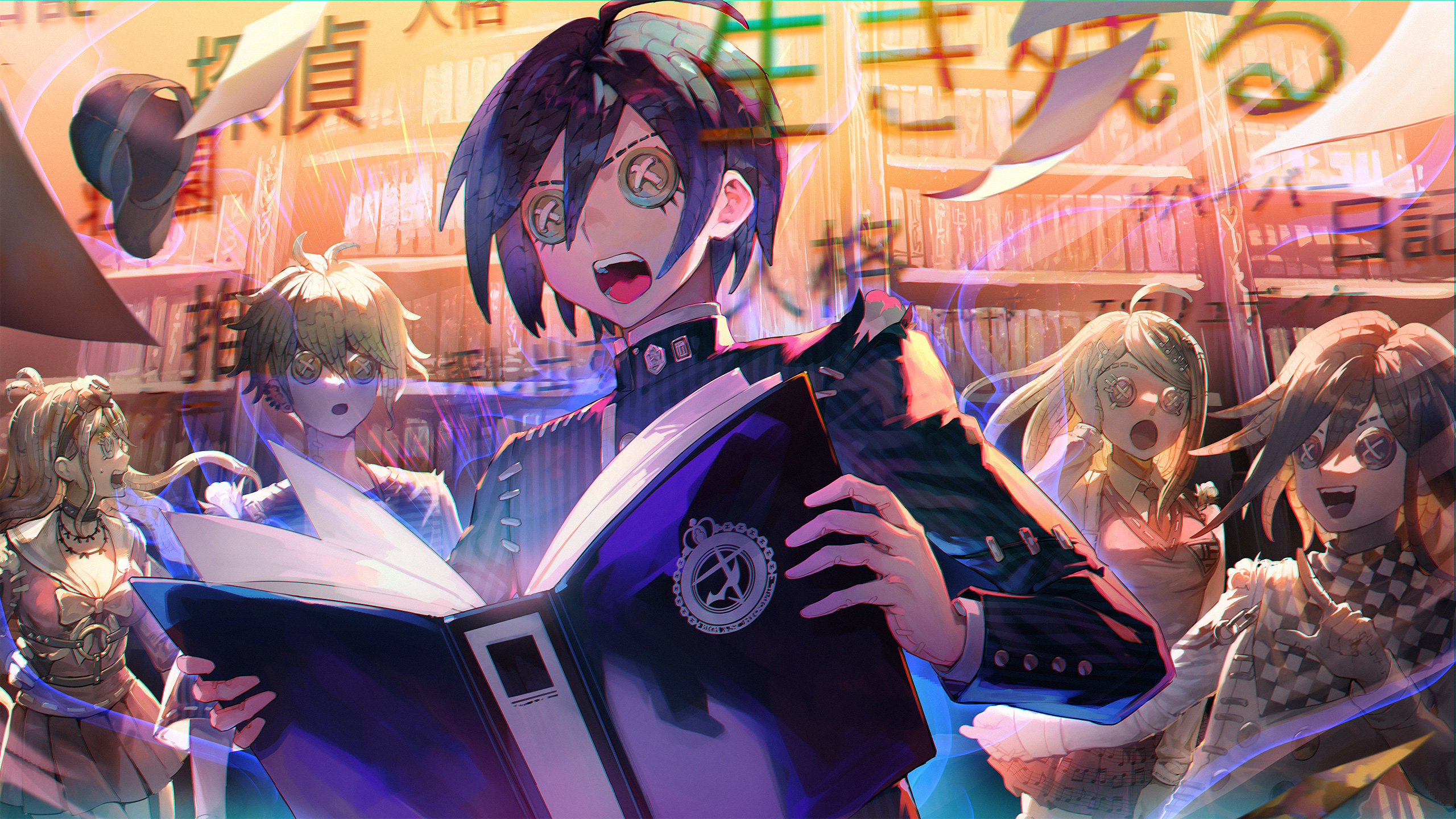 yu (stdio nameraka), akamatsu kaede, amami rantaro, iruma miu, oma kokichi, saihara shuichi, danganronpa (series), danganronpa v3: killing harmony, identity v, highres, official art, second-party source, 2girls, 3boys, ahoge, antenna hair, black hair, blonde hair, book, button eyes, buttons, checkered clothes, checkered scarf, crossover, ear piercing, eyelashes, flipped hair, green hair, hair between eyes, holding, holding book, jacket, library, long hair, long sleeves, medium hair, multiple boys, multiple girls, open book, open mouth, piercing, purple hair, scarf, school uniform, shirt, short hair, skirt, smile, striped clothes, striped shirt, surprised, teeth, upper body, wind