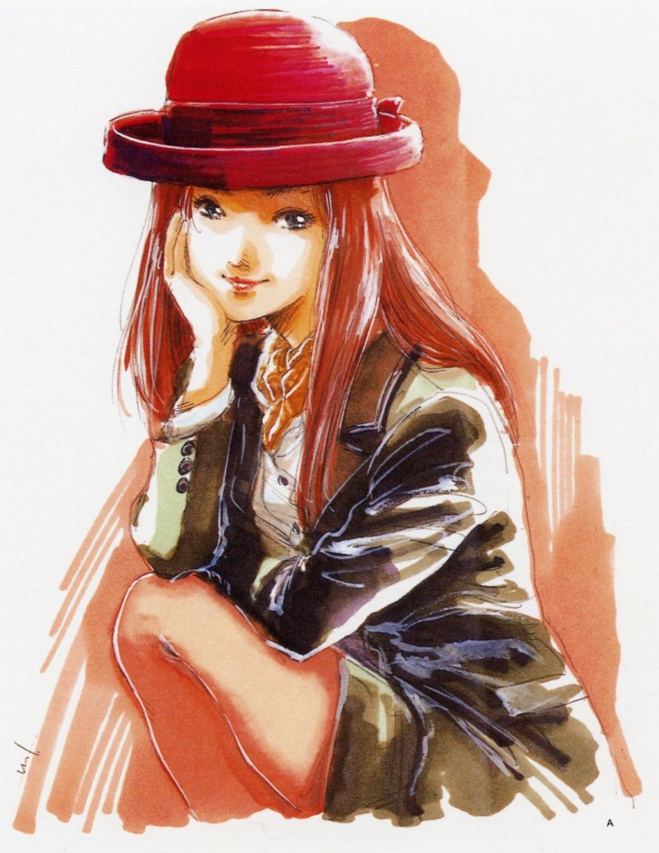 mikimoto haruhiko, christina mackenzie, gundam, gundam 0080, 1980s (style), highres, official art, 1girl, blue eyes, brown hair, buttons, female focus, hand on own cheek, hand on own face, hat, jacket, long sleeves, looking at viewer, oldschool, open clothes, open jacket, orange pantyhose, pantyhose, retro artstyle, shirt, simple background, sitting, smile, solo, white shirt