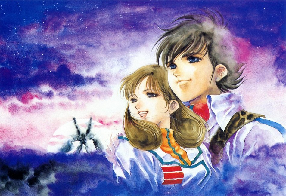 mikimoto haruhiko, hayase misa, ichijou hikaru, sdf-1, choujikuu yousai macross, macross, pilot suit, 1980s (style), official art, spoilers, black eyes, black hair, blue eyes, brown hair, good end, mecha, military, military uniform, oldschool, retro artstyle, robot, science fiction, spacecraft, star (symbol), storm attacker, u.n. spacy