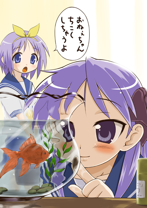 okara, hiiragi kagami, hiiragi tsukasa, lucky star, translated, 00s, 2girls, blush, curious, fish, fishbowl, goldfish, hair ribbon, long hair, multiple girls, purple hair, ribbon, school uniform, serafuku, short hair, short twintails, sisters, twins, twintails, upper body