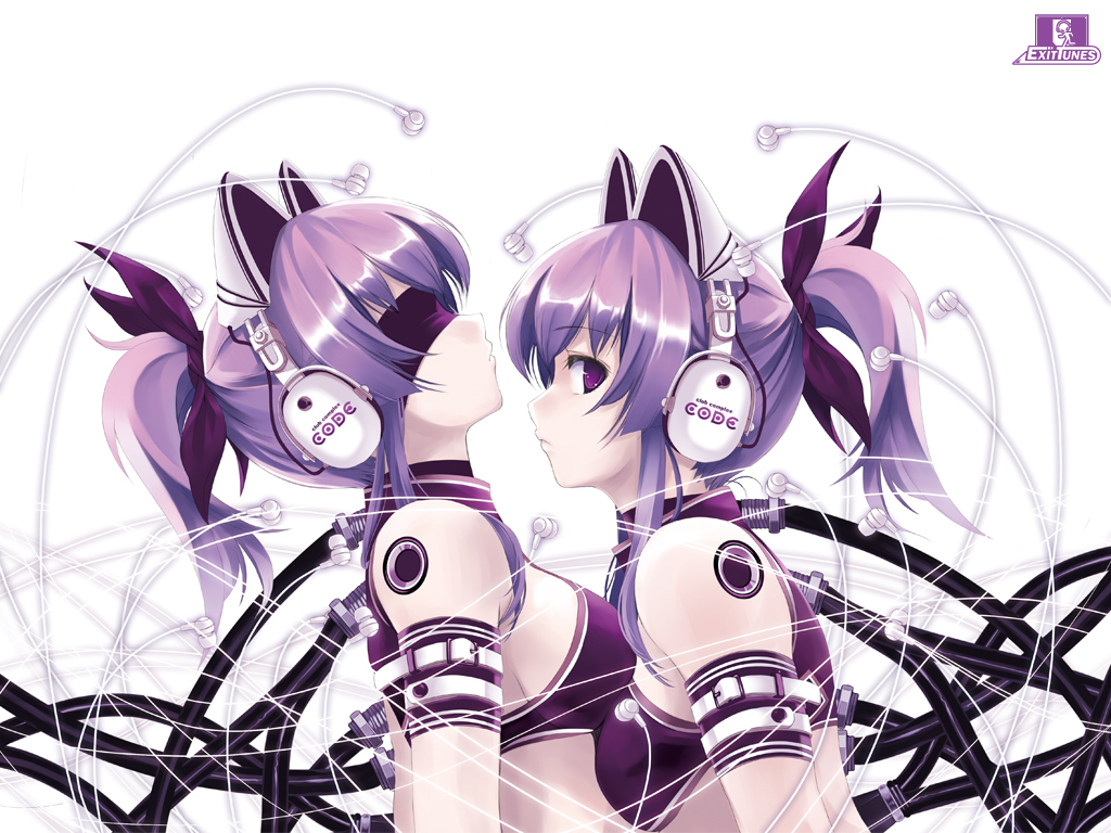 cradle (circle), misaki kurehito, exit trance, exit tunes, copyright request, non-web source, 2girls, animal ear headphones, animal ears, armband, bare shoulders, blindfold, cable, cat ear headphones, cat ears, earbuds, earphones, fake animal ears, hair ribbon, headphones, multiple girls, ponytail, purple eyes, purple hair, ribbon, sensory deprivation, siblings, simple background, sisters, tank top, twins, yuri
