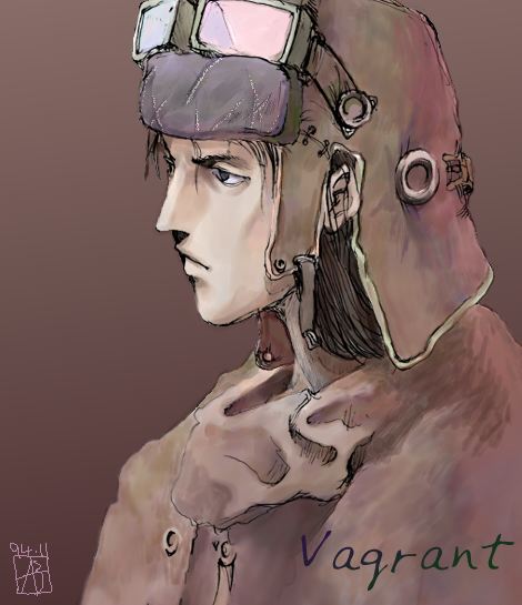 abe yoshitoshi, original, uniform, 1boy, brown background, closed mouth, english text, expressionless, goggles, goggles on head, helmet, lips, male focus, simple background, solo, text focus, upper body