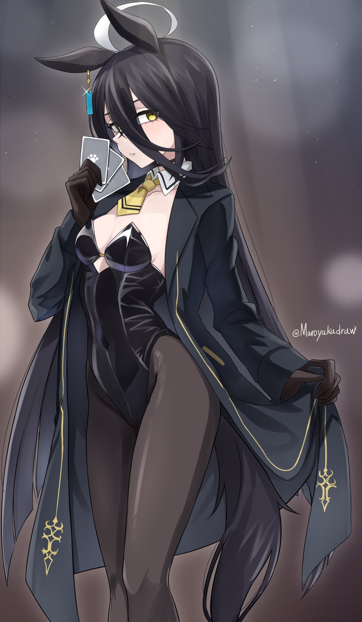ibuki grunt, manhattan cafe (umamusume), umamusume, commentary, english commentary, highres, 1girl, ahoge, animal ears, artist name, black coat, black hair, black leotard, black pantyhose, breasts, card, coat, coat hold, detached collar, hair between eyes, holding, holding card, horse ears, horse girl, horse tail, leotard, looking at viewer, medium breasts, multicolored hair, necktie, pantyhose, parted lips, short necktie, simple background, solo, streaked hair, tail, twitter username, two-tone hair, white hair, yellow eyes, yellow necktie