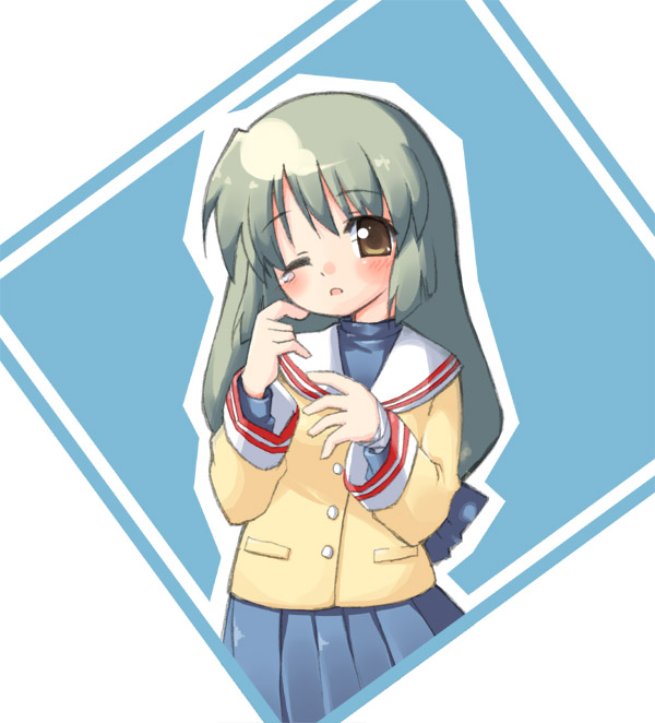 miaka (artist), salty (cherrypie), ibuki fuuko, clannad, eyebrows, 00s, 1girl, blue background, blue skirt, blush, brown eyes, collar, female focus, green hair, long hair, long sleeves, looking at viewer, pleated skirt, school uniform, serafuku, simple background, skirt, solo