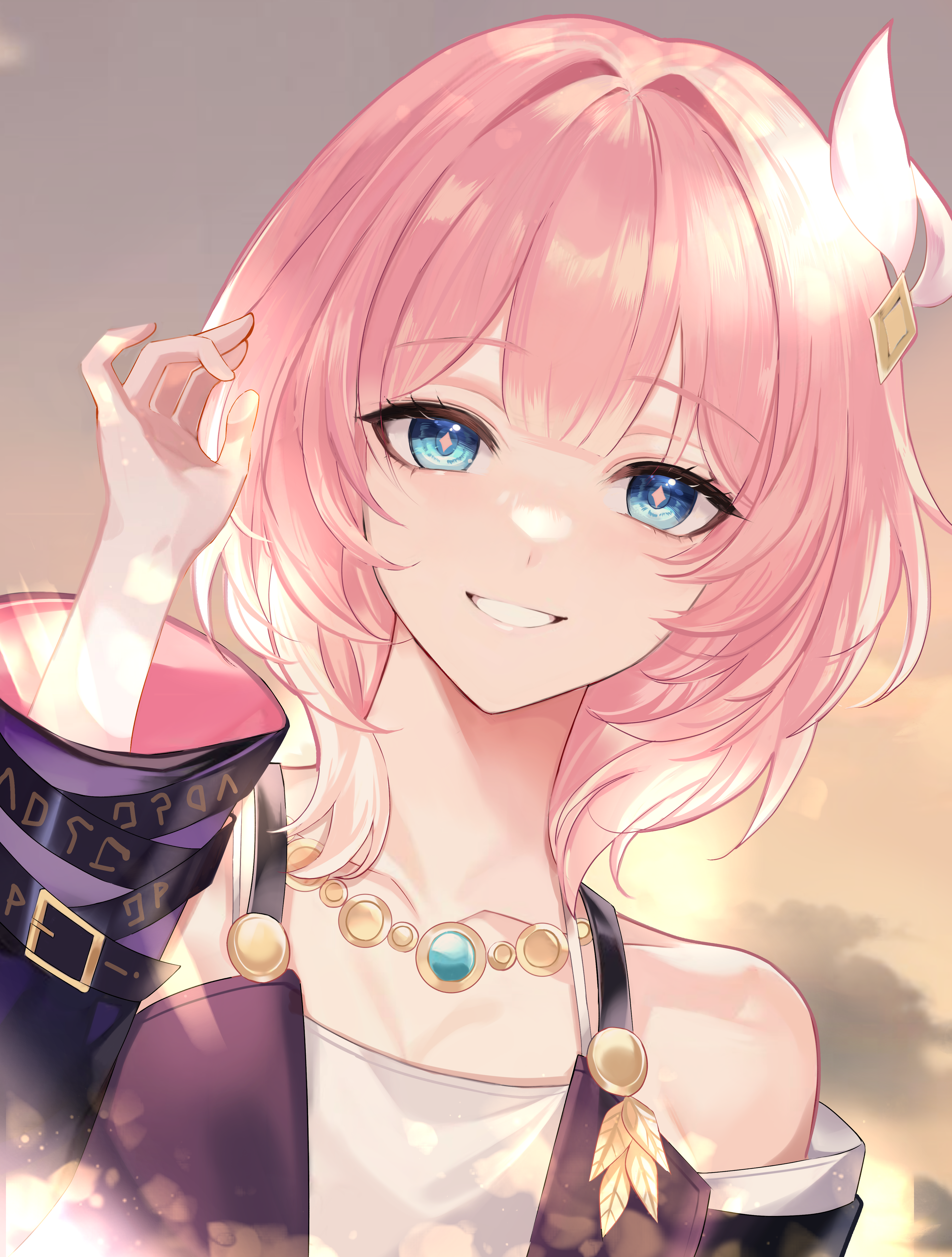 cyrene (honkai: star rail), honkai: star rail, honkai (series), absurdres, commentary request, highres, 1girl, animo sss, bare shoulders, blue eyes, coat, collarbone, cyrene (aedes elysiae) (honkai: star rail), diamond-shaped pupils, diamond (shape), evening, hair intakes, hand up, jewelry, long sleeves, looking at viewer, medium hair, necklace, orange sky, outdoors, parted lips, pink hair, pink pupils, purple coat, sky, smile, solo, symbol-shaped pupils, upper body