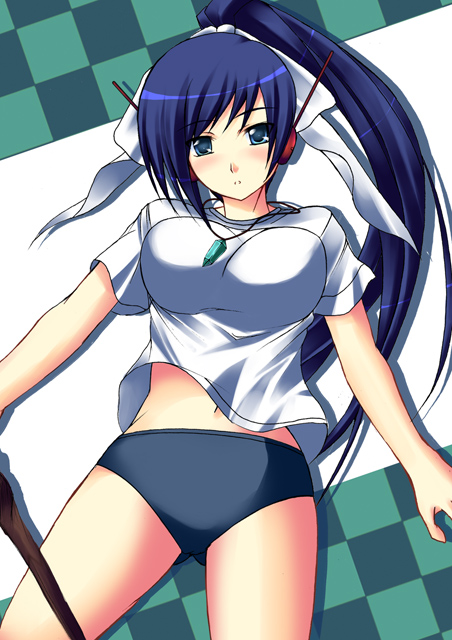 kuronezumi, 1girl, blue eyes, blue hair, buruma, female focus, gym uniform, headphones, long hair, matching hair/eyes, ponytail, solo