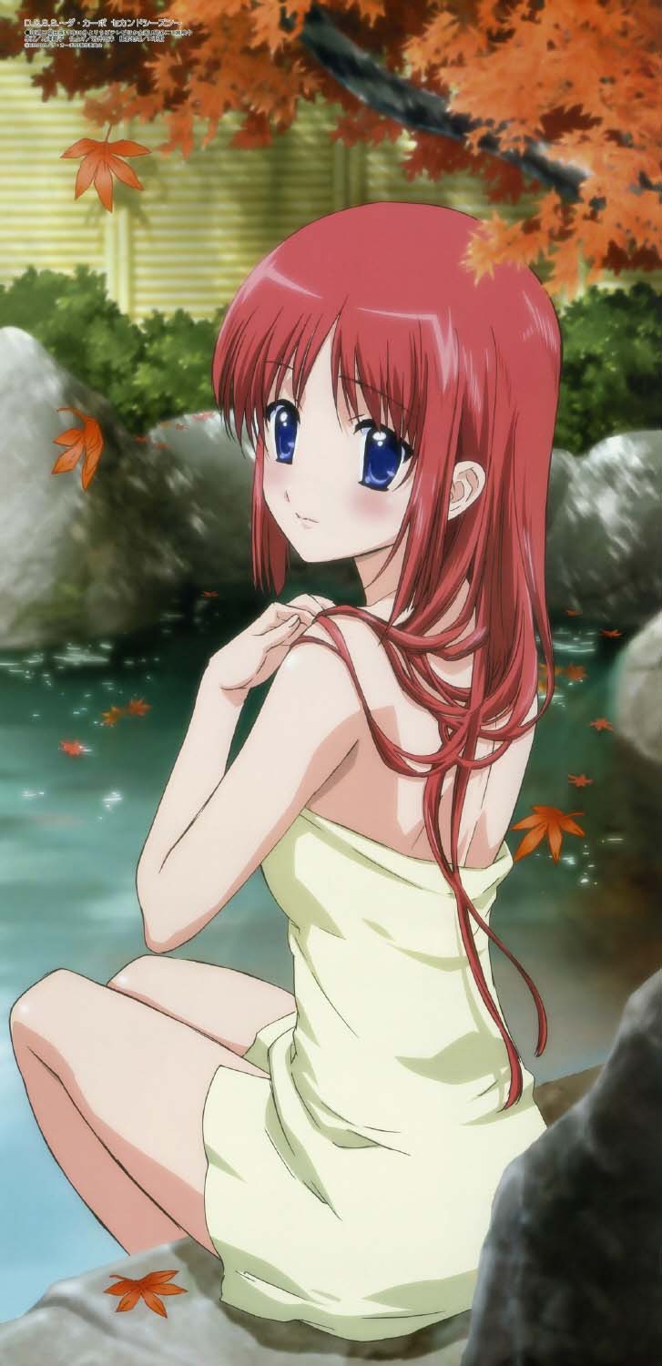 shimazawa noriko, shirakawa kotori, da capo, da capo i, highres, long image, official art, tall image, 00s, 1girl, autumn, female focus, leaf, naked towel, onsen, solo, towel