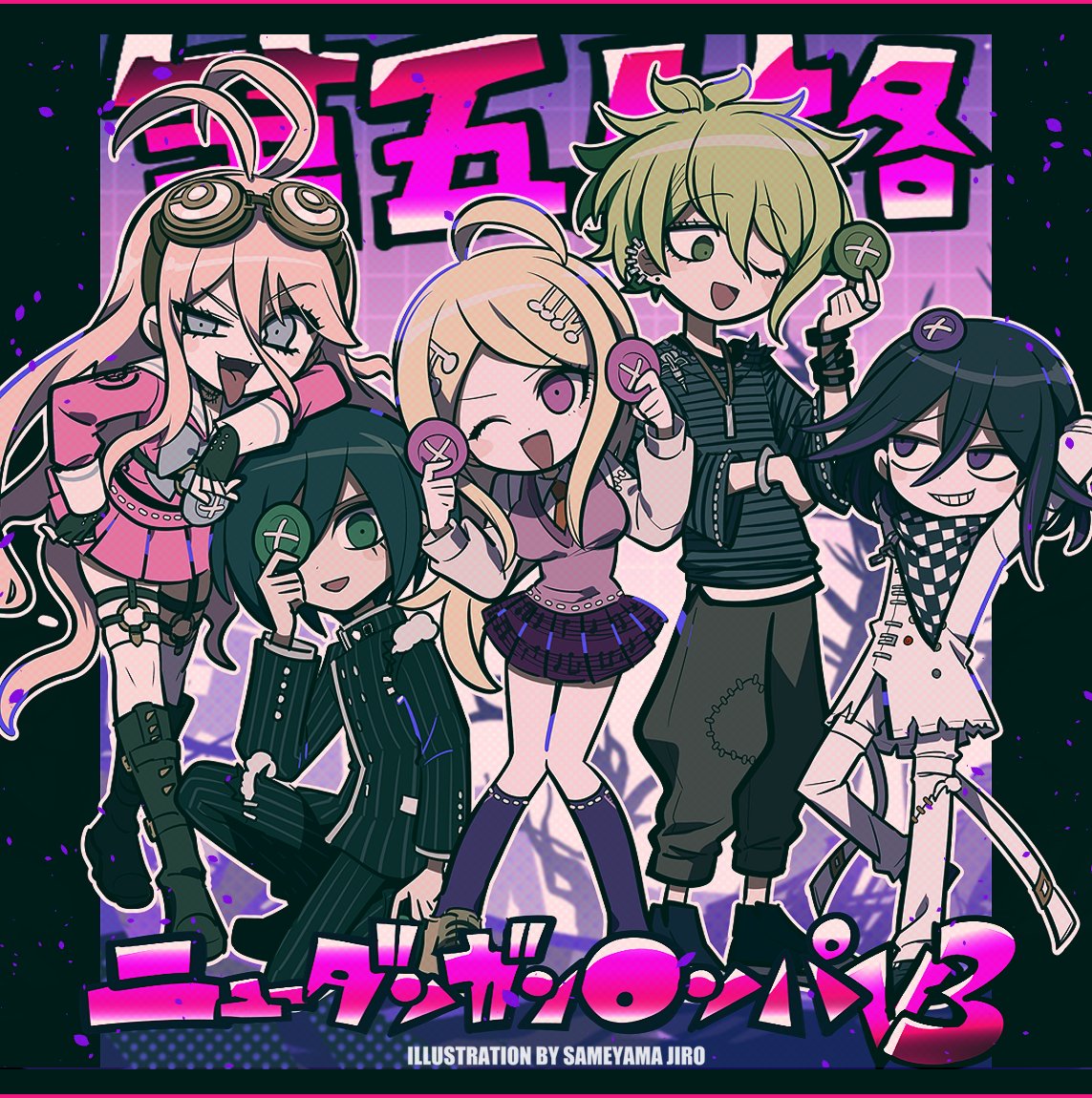 sameyama jiro, akamatsu kaede, amami rantaro, iruma miu, oma kokichi, saihara shuichi, danganronpa (series), danganronpa v3: killing harmony, identity v, commentary request, 2girls, 3boys, ahoge, artist name, black hair, blonde hair, blue eyes, blush, buttons, checkered clothes, checkered scarf, collared jacket, eyelashes, flipped hair, fortissimo, green eyes, grin, hair between eyes, hair ornament, height difference, holding, jacket, knees together feet apart, long hair, long sleeves, looking at viewer, multicolored buttons, multiple boys, multiple girls, musical note, musical note hair ornament, one eye closed, open mouth, outline, pants, pink sweater vest, pink vest, pleated skirt, purple eyes, purple hair, scarf, school uniform, shirt, short hair, skirt, smile, standing, sweater vest, tongue, tongue out, two-tone scarf, vest, white outline