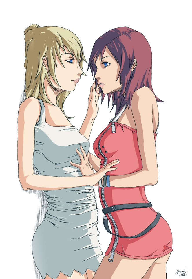 kairi (shery rakuura), kairi (kingdom hearts), namine, kingdom hearts, kingdom hearts ii, artist request, source request, 2girls, eye contact, looking at another, multiple girls, yuri