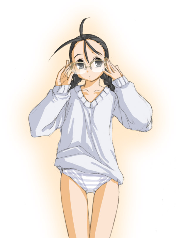 kasuga yukihito, hakase satomi, mahou sensei negima!, 00s, 1girl, adjusting eyewear, antenna hair, female focus, flat chest, glasses, over-rim eyewear, panties, semi-rimless eyewear, solo, striped clothes, striped panties, sweater, underwear