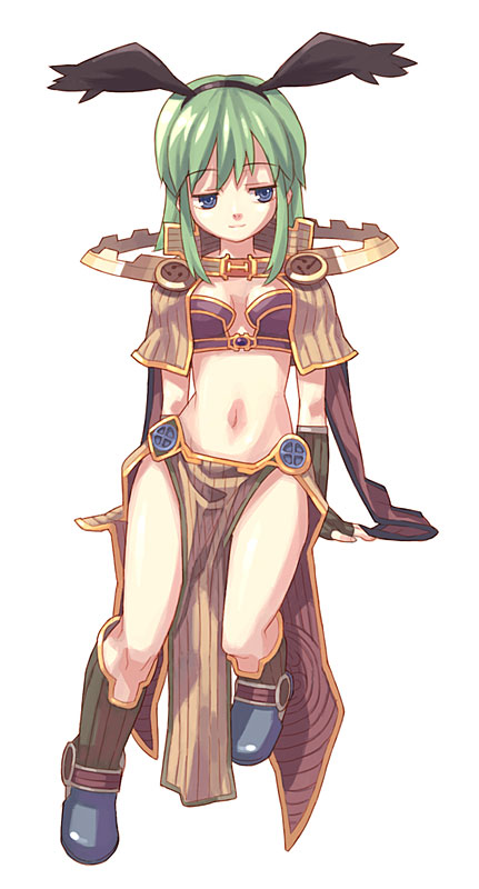 tanaka (cow), yamai (lsd), sage (ragnarok online), ragnarok online, looking away, 1girl, arm support, arm warmers, blue eyes, boots, capelet, female focus, full body, green hair, hairband, head wings, long hair, midriff, pelvic curtain, simple background, smile, solo, white background, wings