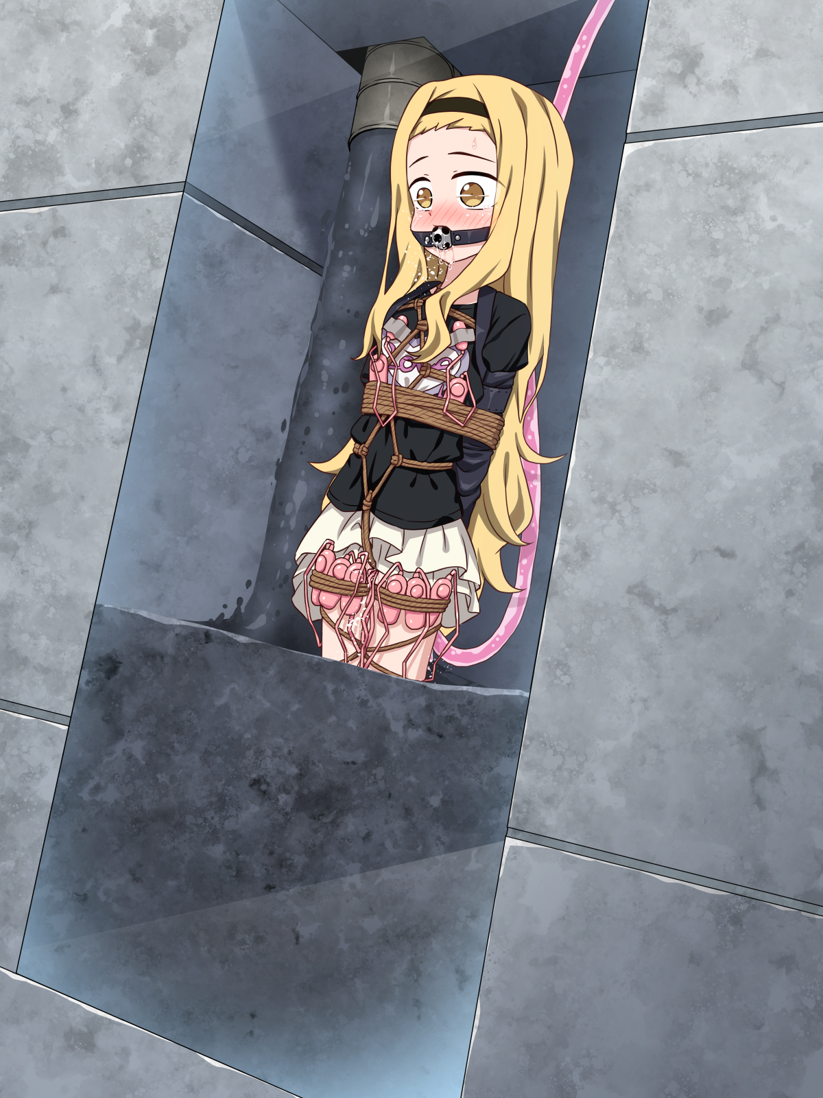 broiler, kirarazaka marina, takopii no genzai, commentary, commission, highres, skeb commission, variant set, 1girl, bdsm, blonde hair, blush, bondage, bound, gag, gagged, hairband, long hair, sex toy, solo, vibrator, yellow eyes