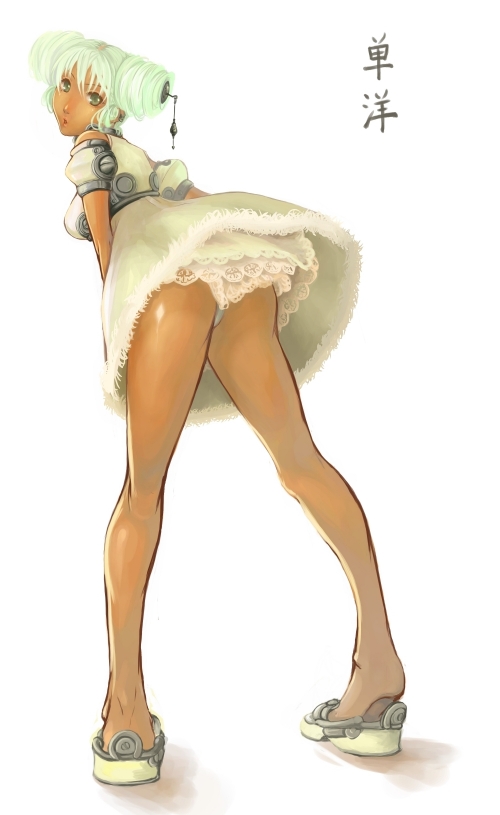 artist request, character request, copyright request, non-web source, 1girl, ass, dark-skinned female, dark skin, drill hair, female focus, from behind, green hair, hair between eyes, kneepits, panties, pantyshot, solo, standing, underwear