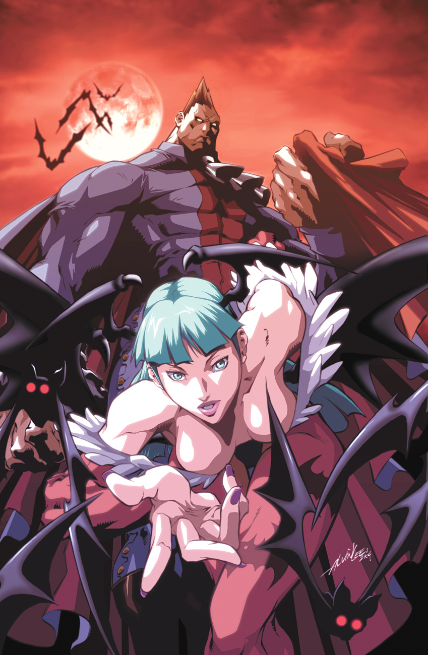 alvin lee, gary yeung, udon entertainment, demitri maximoff, morrigan aensland, capcom, darkstalkers, print legwear, artist collaboration, highres, non-web source, official art, 1boy, 1girl, abs, angry, animal print, aqua eyes, aqua hair, ascot, bare shoulders, bat (animal), bat print, bat wings, bent over, blunt bangs, blurry, boots, breasts, breasts apart, bridal gauntlets, brown hair, buttons, cape, clenched hand, cloud, crossed legs, demon girl, depth of field, downblouse, fingernails, flying, foreshortening, frown, full moon, fur trim, glowing, glowing eyes, grin, head wings, holding, large breasts, leotard, lips, lipstick, long fingernails, long hair, looking at viewer, makeup, moon, muscular, nail polish, naughty face, night, night sky, no pupils, outdoors, outstretched hand, pantyhose, patterned legwear, pink pantyhose, purple nails, red eyes, red moon, short hair, signature, sitting, size difference, skin tight, sky, smile, spiked hair, standing, vampire, white eyes, wings