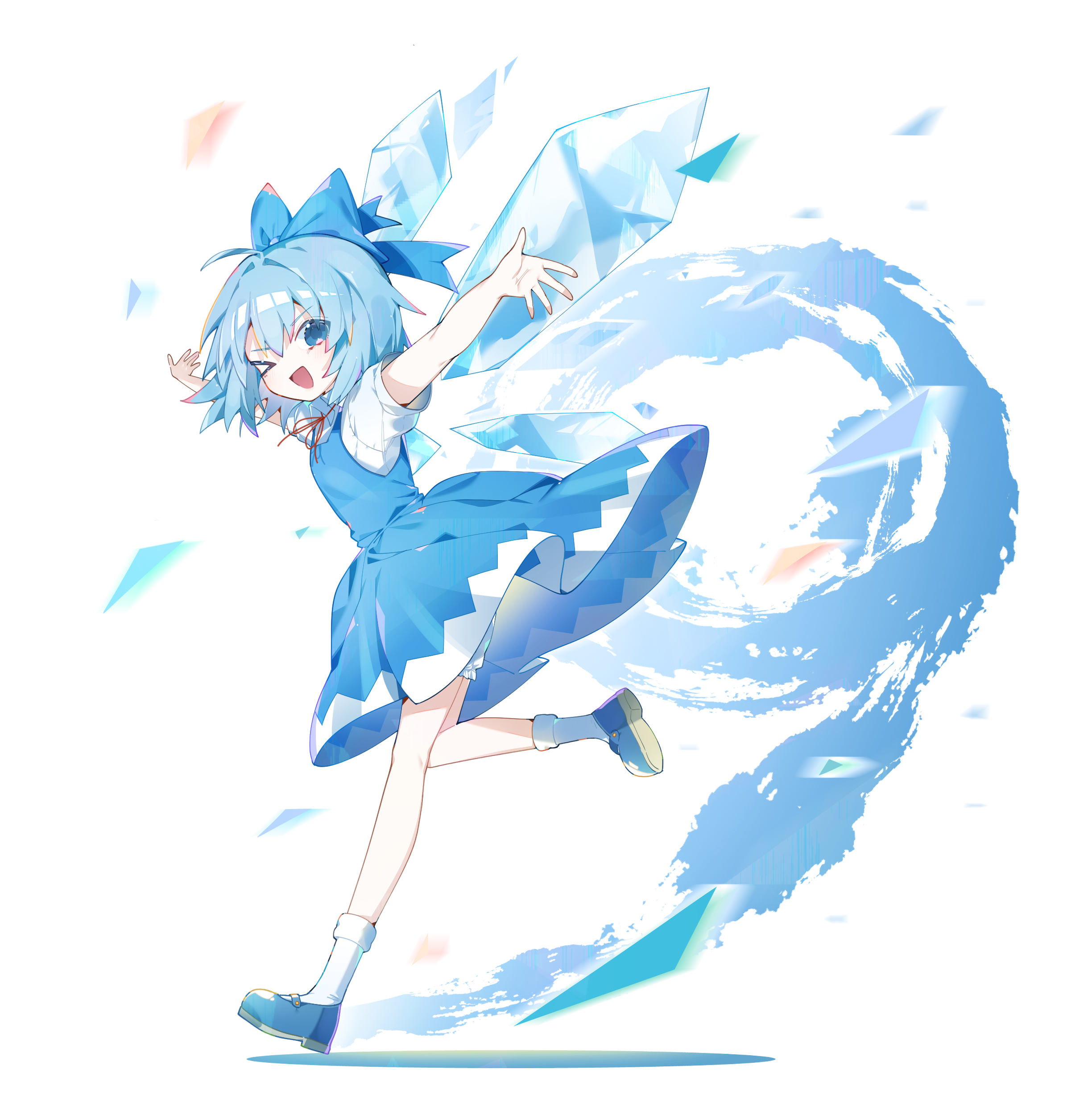 sia 6767, cirno, touhou, absurdres, highres, 1girl, blue bow, blue dress, blue eyes, blue hair, bow, dress, full body, hair bow, ice, ice wings, one eye closed, open mouth, shoes, short hair, short sleeves, smile, socks, solo, white socks, wings