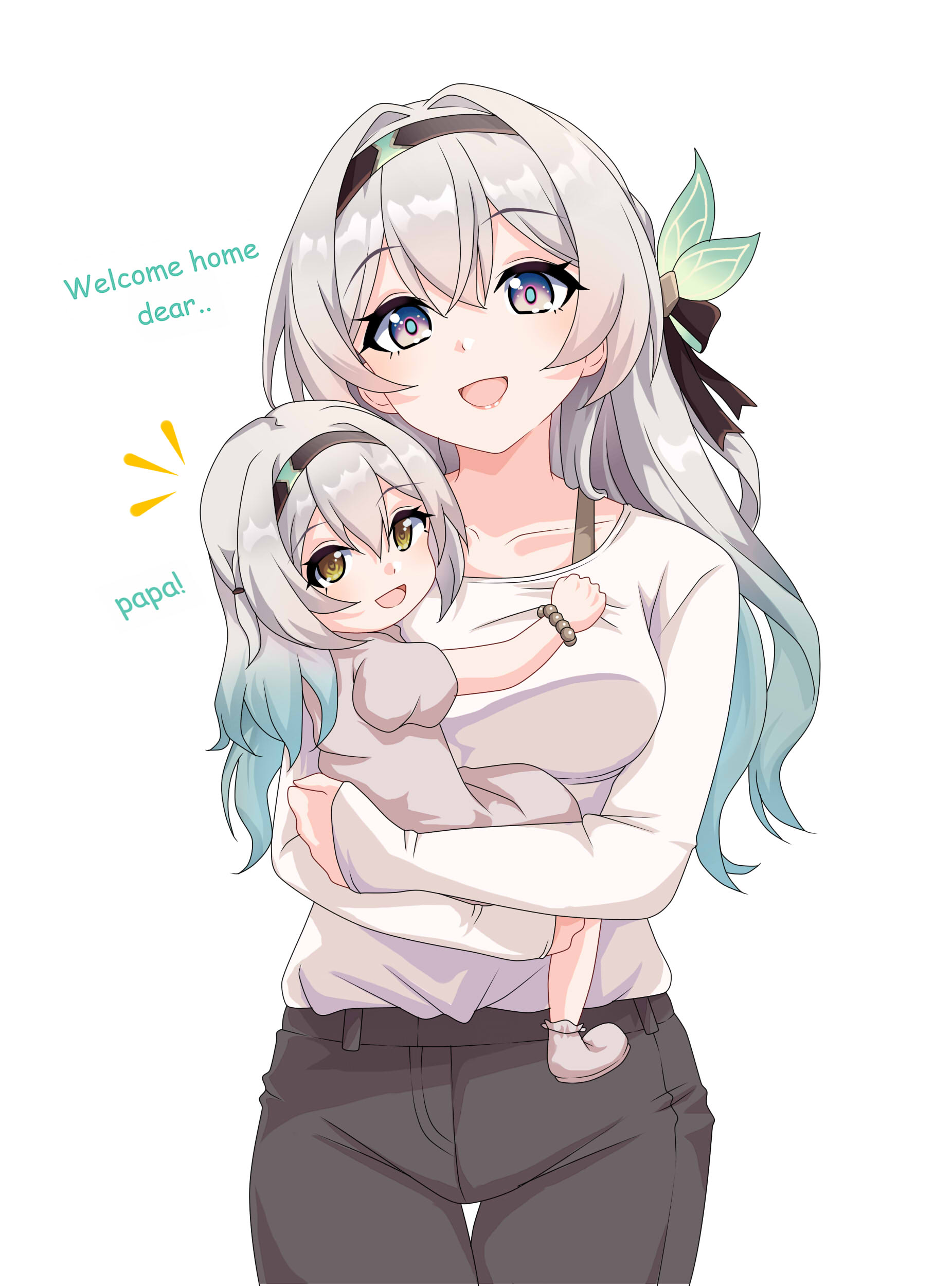 maxwelzy, firefly (honkai: star rail), honkai: star rail, honkai (series), absurdres, highres, 2girls, black hairband, breasts, collarbone, gradient hair, green hair, grey hair, hair between eyes, hair ornament, hairband, long hair, long sleeves, looking at viewer, looking back, medium breasts, mother and daughter, multicolored hair, multiple girls, notice lines, open mouth, pink eyes, shirt, simple background, smile, white background, white shirt, yellow eyes