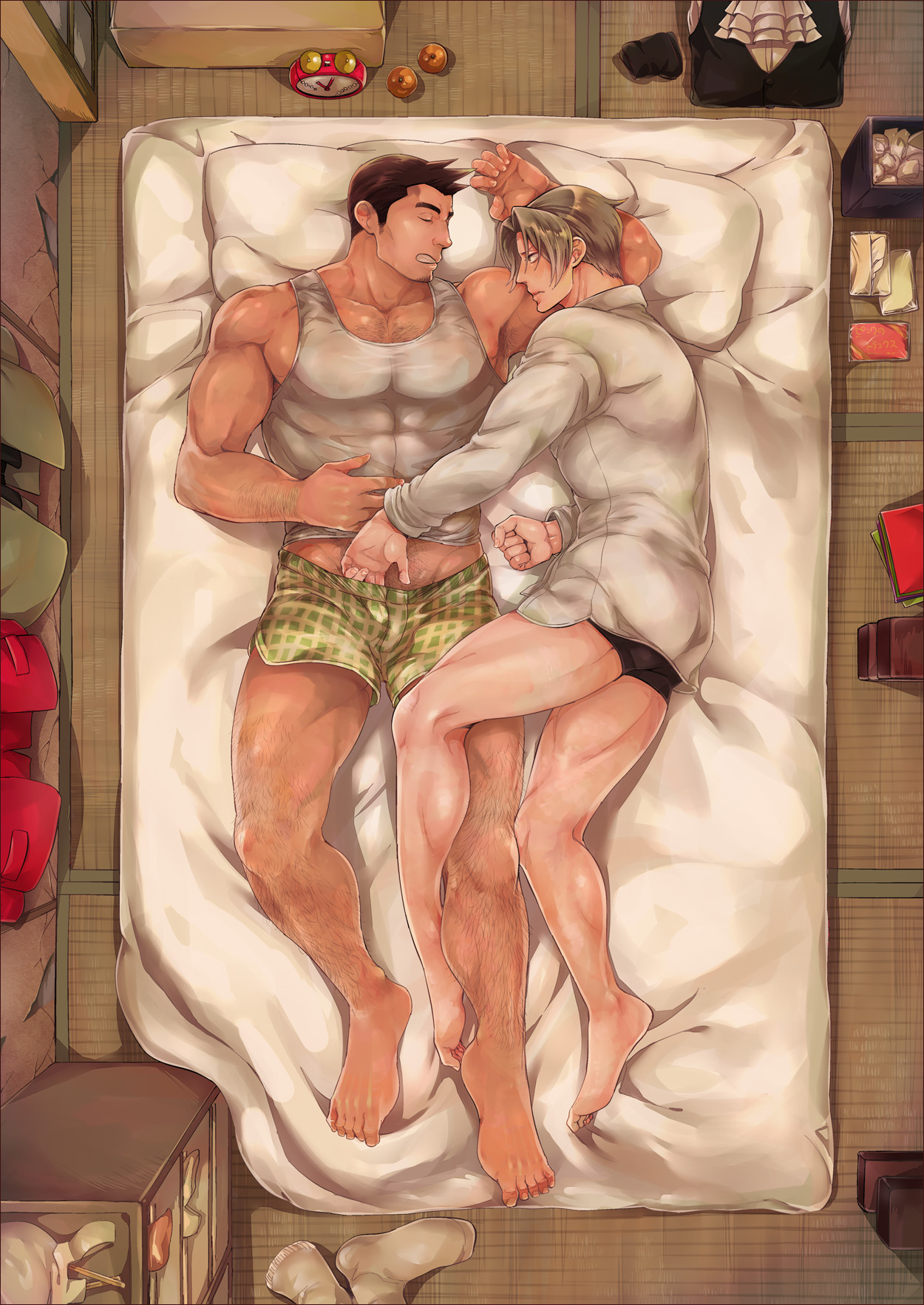mothica, dick gumshoe, miles edgeworth, ace attorney, highres, 2boys, arm hair, armpit hair, bara, barefoot, black hair, boxers, brown hair, chest hair, closed eyes, covered abs, facial hair, full body, futon, hand in another's underwear, indoors, large pectorals, leg hair, long sleeves, looking at another, male focus, male underwear, multiple boys, muscular, muscular male, no pants, pectorals, shirt, short hair, sleeping, stubble, tank top, underwear, white shirt, white tank top, yaoi