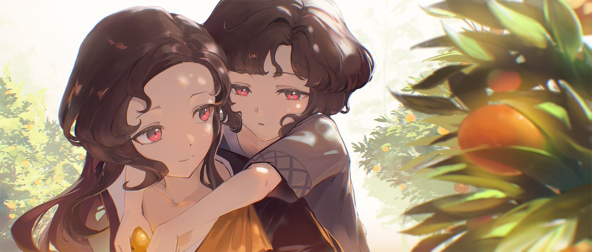 0gen3 illust, marian (reverse:1999), schneider (reverse:1999), reverse:1999, 2girls, aged down, arms around neck, black coat, black hair, carrying, carrying person, coat, dappled sunlight, food, fruit, grey shirt, holding, holding food, holding fruit, long hair, looking at another, multiple girls, orange (fruit), orange tree, piggyback, red eyes, shirt, short hair, short sleeves, smile, sunlight, upper body, white background