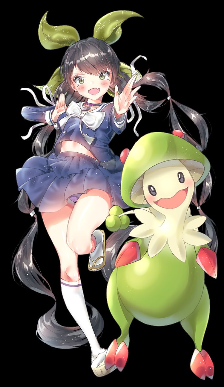 rimu (gucg8333), breloom, chabashira tenko, danganronpa (series), danganronpa v3: killing harmony, nintendo, pokemon, commentary request, highres, 1girl, black background, black hair, blush, bow, bowtie, breasts, choker, eyelashes, fang, fighting stance, full body, gen 3 pokemon, green eyes, hair between eyes, hair ribbon, kneehighs, layered skirt, long hair, long sleeves, looking at viewer, open mouth, panties, pantyshot, pink choker, pleated skirt, pokemon (creature), ribbon, sailor collar, sandals, school uniform, shirt, skin fang, skirt, smile, socks, standing, standing on one leg, thighs, twintails, underwear, very long hair, white bow, white bowtie, white socks