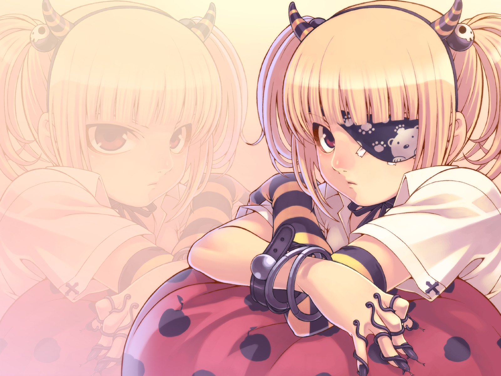 tasaka shinnosuke, kuroba nao, hitokata no ou, highres, bracelet, eyepatch, horns, jewelry, short twintails, solo, twintails