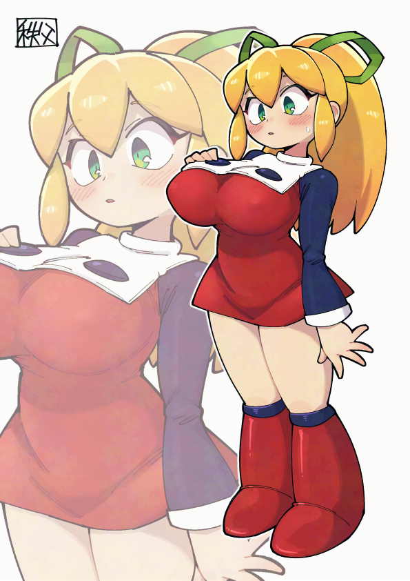 chichibu (watson), roll (mega man), mega man (classic), mega man (series), 1girl, blonde hair, breasts, large breasts, robot girl
