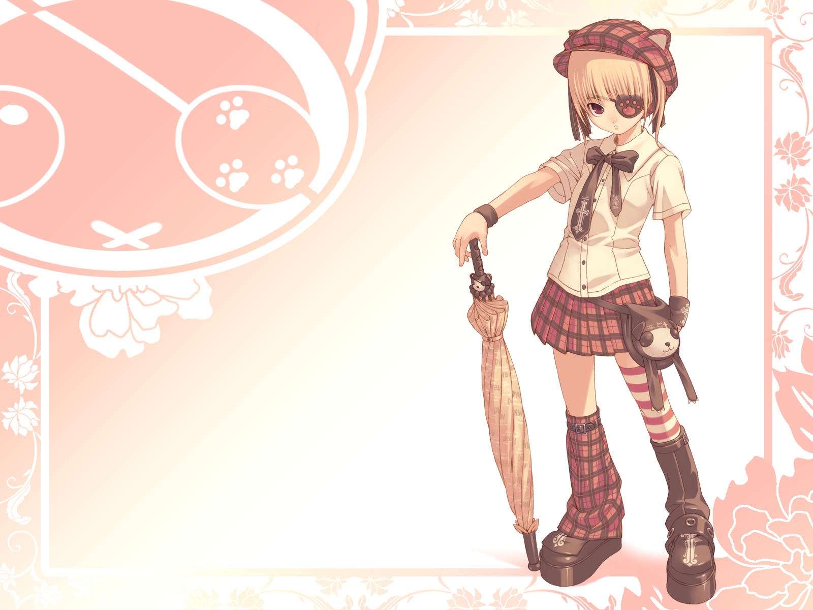 tasaka shinnosuke, kuroba nao, hitokata no ou, striped, highres, 1girl, bag, boots, closed umbrella, eyepatch, female focus, hat, necktie, school uniform, serafuku, solo, thighhighs, umbrella