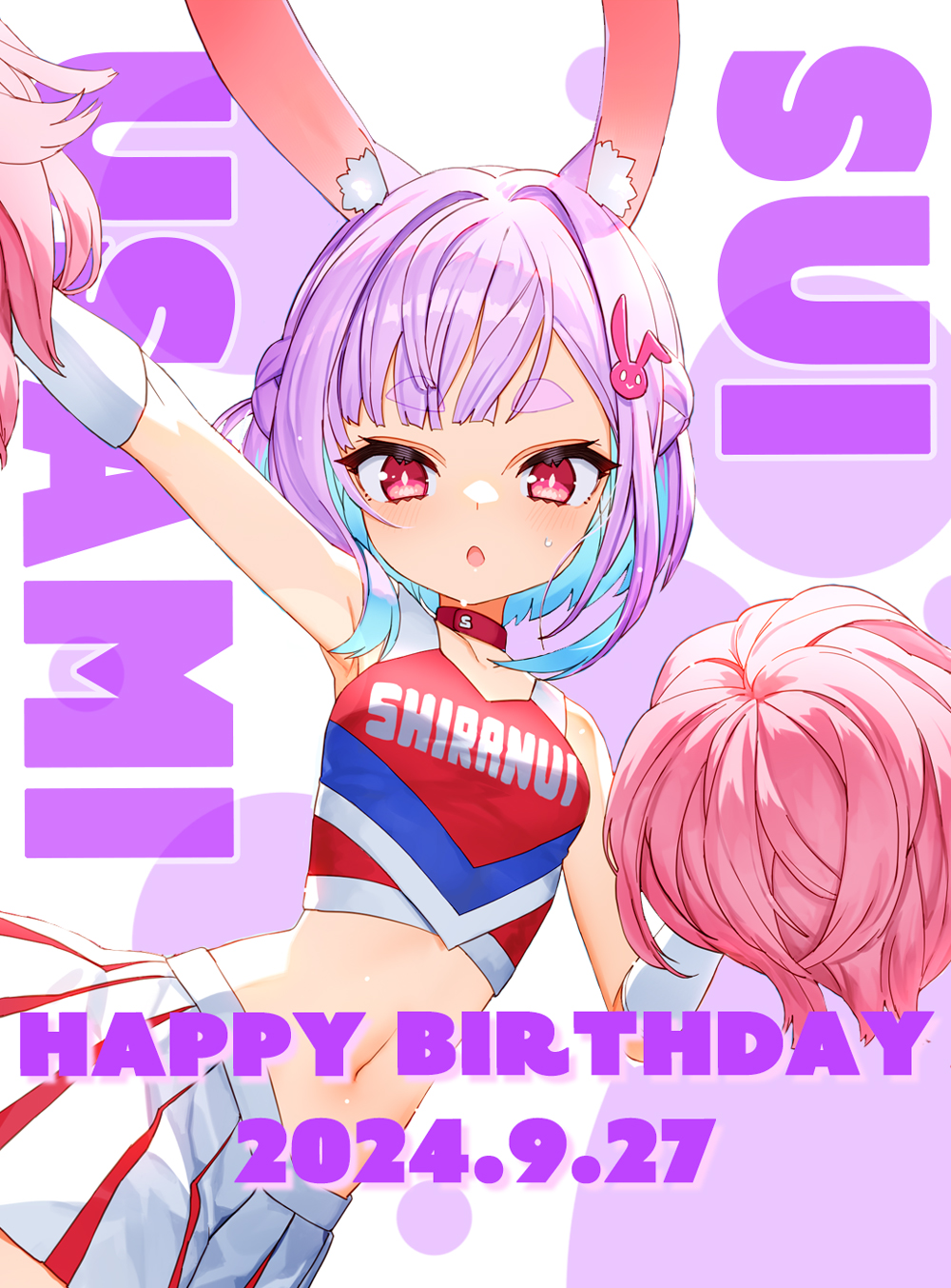 izumi sai, highres, official art, 1girl, :o, animal ears, arm up, armpits, birthday, blush, braid, breasts, character name, cheering, cheerleader, collar, cowboy shot, crop top, crown braid, dated, english text, hand up, happy birthday, holding, holding pom poms, jingai kyoshitsu no ningen girai kyoshi, looking at viewer, midriff, miniskirt, navel, open mouth, pink collar, pink hair, pleated skirt, polka dot, polka dot background, pom pom (cheerleading), pom poms, red eyes, short hair, sidelocks, skirt, solo, standing, sweat, usami sui, white skirt