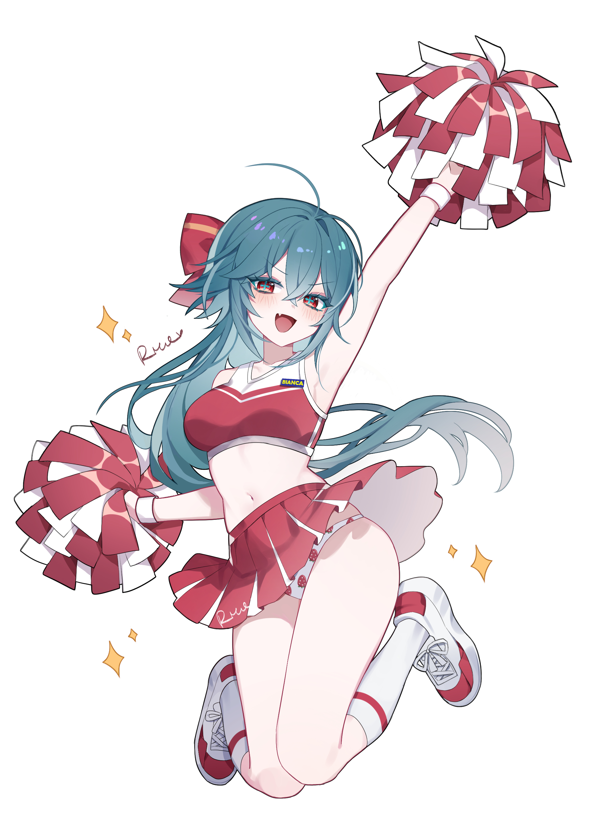 tianqing mw, bianca (black survival), black survival, eternal return: black survival, absurdres, commentary, highres, 1girl, :d, ahoge, alternate costume, arm up, armpits, bare shoulders, blue hair, bow, breasts, cheerleader, clothes lift, crop top, cross-shaped pupils, fang, floating hair, food print, fruit print, hair bow, holding, holding pom poms, legs up, long hair, looking at viewer, medium breasts, midriff, miniskirt, name tag, navel, open mouth, panties, pantyshot, pleated skirt, pom pom (cheerleading), pom poms, red bow, red eyes, red shirt, red skirt, shirt, shoes, simple background, skirt, skirt lift, sleeveless, sleeveless shirt, smile, sneakers, socks, solo, sparkle, stomach, strawberry print, sweatband, symbol-shaped pupils, thighs, two-tone shirt, underwear, v-shaped eyebrows, very long hair, white background, white panties, white shoes, white socks